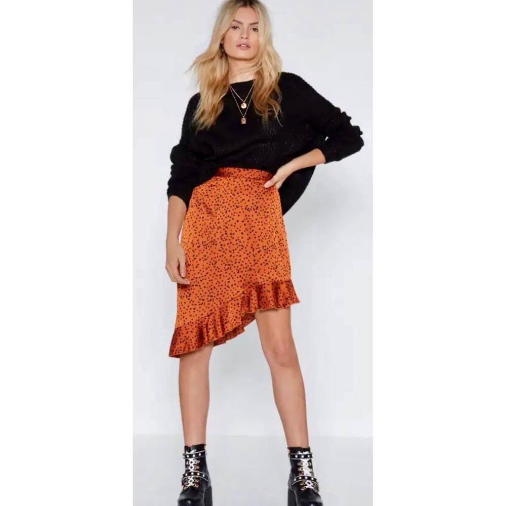 Nasty Gal Ruffle Mini Skirt Orange Black Polka Dot US 6‎ UK 10 Party Cocktail